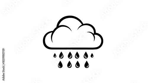 Rain cloud vector icon with falling raindrops. Black and white weather symbol representing forecast, precipitation, and rainy days.