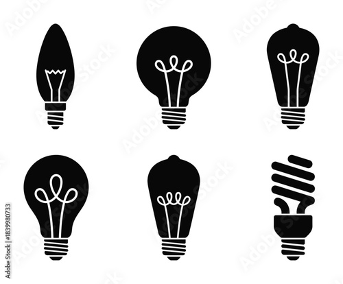 Light bulb incandescent lamp black silhouette set. Creative idea and electricity symbol
