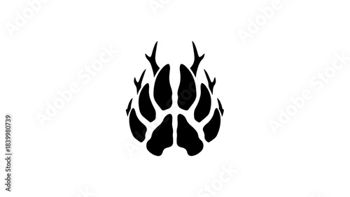 Unique Stylized Animal Paw Print Icon with Antlers. Black and white vector illustration representing wilderness, fantasy, or hybrid creatures.