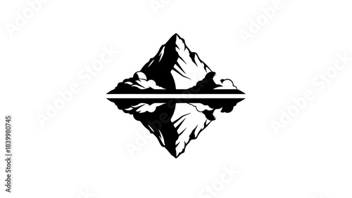 Bold Black and White Mountain Reflection Graphic. Stylized Summit with Symmetrical Water Reflection. Minimalist Nature Design.