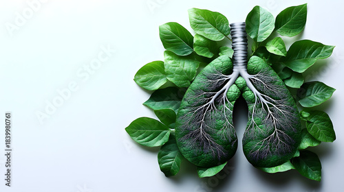 Lungs made of green leaves and roots showing the connection between nature and human health