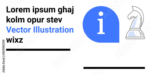 Business strategy, knowledge sharing, leadership, strategic planning, education, icons. Blue information icon and chess knight. Business strategy and knowledge sharing concept