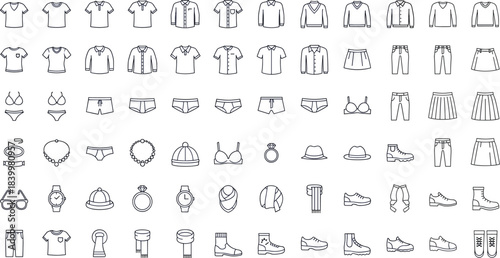 Minimal clothing icon set featuring shirts, pants, skirts, shoes, accessories, underwear, and fashion items in simple line style
