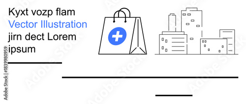 E-commerce, urban life, healthcare, medical services, modern business, digital solutions. Minimalistic shopping bag with medical cross icon and city skyline. Healthcare and e-commerce theme