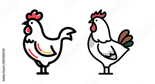 Two distinct stylized illustrations of roosters, one featuring subtle colorful accents and the other showcasing a more traditional representation with brown tail feathers