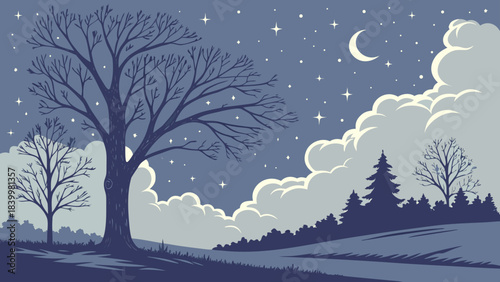 Illustration of a night scene with bare trees, clouds, stars, and a crescent moon in blue tones