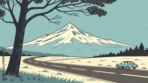 Scenic road trip featuring a vintage car and a majestic mountain backdrop on a clear day view