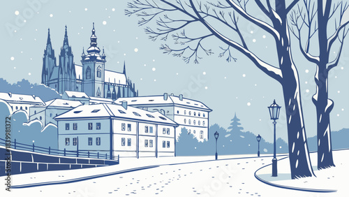 Winter scene of prague castle and buildings with snow covered trees and street lamps in blue tones