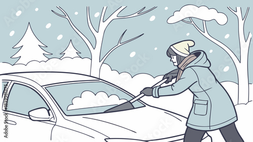 Person removing snow from a car windshield with a scraper in a winter scene with trees and snowfall