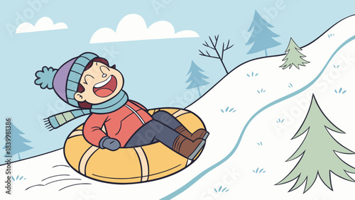 Cartoon boy enjoying winter snow tubing down a hill with trees and cloudy sky background scene outdoors