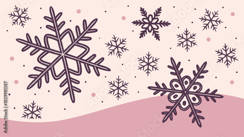 Hand drawn snowflakes of varying sizes scattered on a light pink background with dots and a pink wave