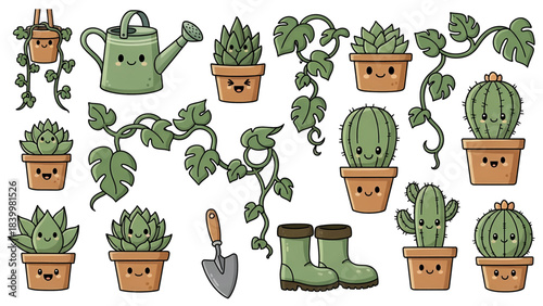 Adorable cartoon potted succulents cacti and gardening tools with smiling faces a charming garden collection.
