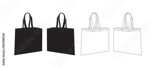 Tote Bag Mock up  With Customisation Color. Flat vector technical drawing of tote bag with front, top handles, back view,