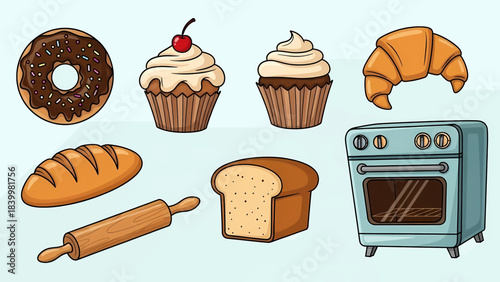 Delicious baked goods bread and baking tools illustration.