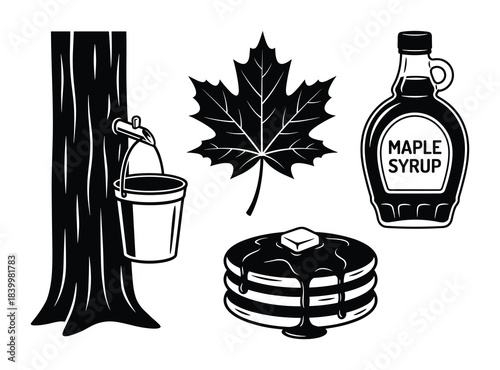 Maple syrup production set. Tree tapping and leaf. Bottle and pancakes. Silhouette style.
