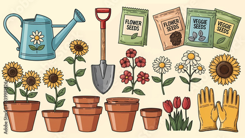 Hand-drawn gardening tools flower seeds and potted plants collection.