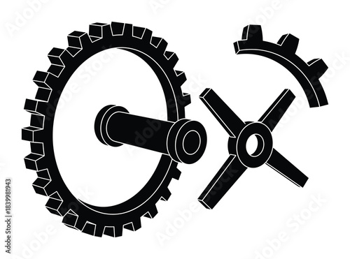 Mechanical parts. Broken gear. Axle and cogwheel. Industrial design. Engineering components.