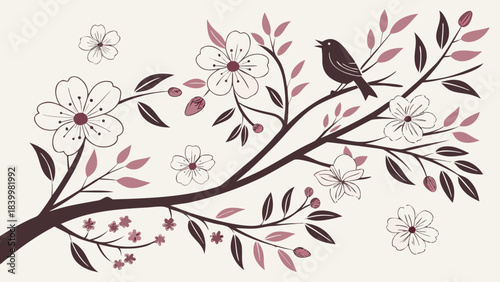Illustration of a bird perched on a blossoming branch with flowers and leaves in brown and pink hues