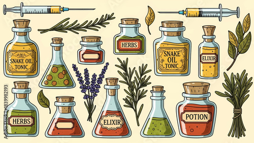Hand-drawn vintage potion bottles herbal remedies and traditional medicine set.