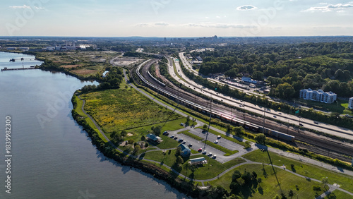 Photos Aerial view of Interstate 495 highway, Northeast Corridor railroad, Fox Point St
