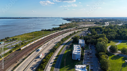 Fotografija Aerial view of Interstate 495 highway, Northeast Corridor railroad, Fox Point St