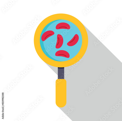 Magnifying glass examining blood cells indicating sickle cell anemia condition