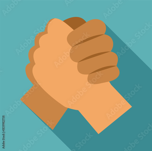 Two hands gripping firmly, symbolizing unity, agreement, and partnership in flat design style