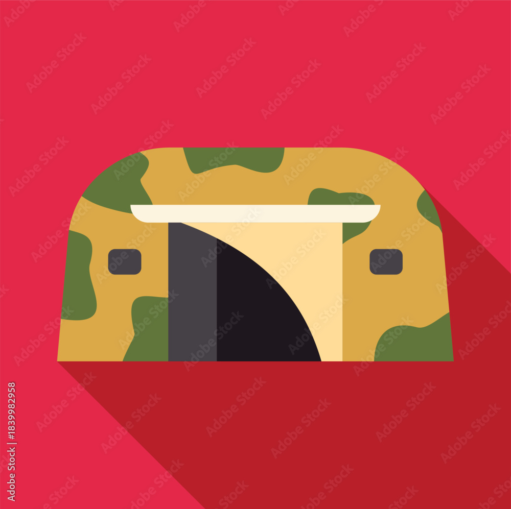 Naklejka premium Military tent with camouflage pattern and opening for temporary shelter on a red background