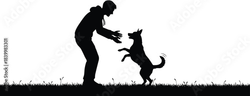 Dog training silhouette, human interaction, playful pet moment, black vector, companionship scene, standing figure, animal behavior, graphic illustration