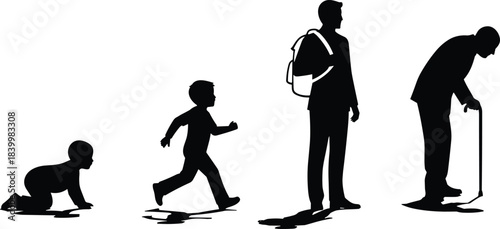 Four stages of human life: Baby, child, adult, and old man with cane, black vector silhouette collection, aging process.