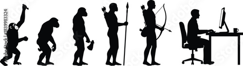Human evolution silhouette, primate to modern man, stone tool, hunter archer, digital age, computer user, vector illustration, black graphic