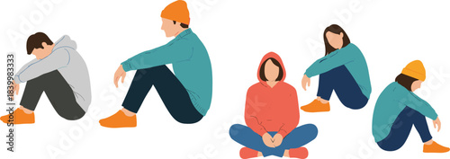 Sad sitting people illustration set showing depressed men and women in emotional distress, anxiety, loneliness and stress poses