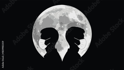 Masked silhouette figures, moon backdrop, pandemic concept, social distancing, global unity, health awareness, vector illustration, black graphic, isolation theme, contrast art