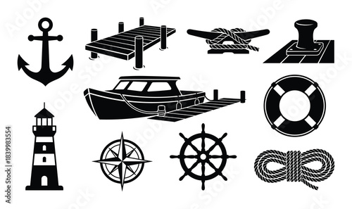 Nautical marine icons. Anchor and boat. Lighthouse and compass. Ship wheel and rope. Pier and cleat.