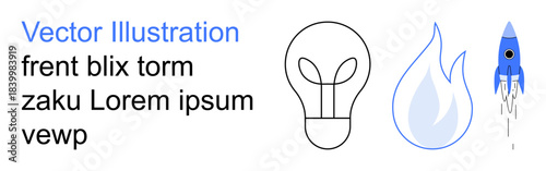 Innovation, creativity, energy solutions, futuristic design, startup ideas, clean energy. Minimalist black lightbulb, blue flame and a small blue rocket icon. s innovation and creative energy