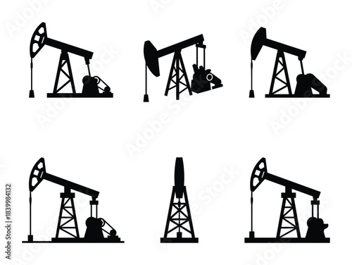 Oil pump jack silhouettes. Illustrating extraction of crude oil. Energy industry equipment.
