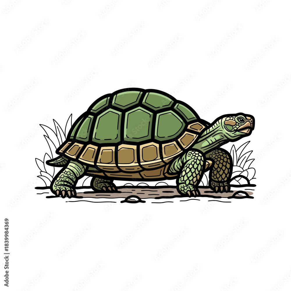 Obraz premium Detailed illustration of a terrestrial tortoise walking gracefully across dry ground with sparse vegetation