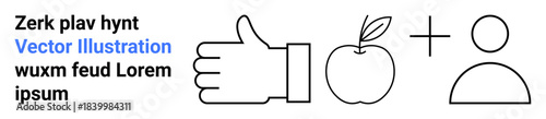 Health promotion, nutrition, communication, personal identity, teamwork, graphic design. A thumbs-up, apple plus sign and person outlined in black. Health promotion and nutrition concept