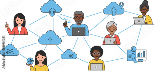 Cloud Computing Network Illustration, Diverse People Connecting Laptops, Remote Work, Data Sharing, Global Teamwork, and Digital Technology Concept Vector