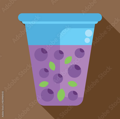 Blueberry smoothie in a drinking glass with mint leaves, created in a modern flat design style