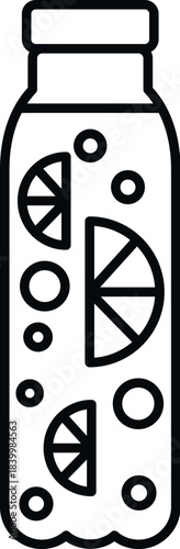 Bottle containing a refreshing beverage with lemon slices and bubbles