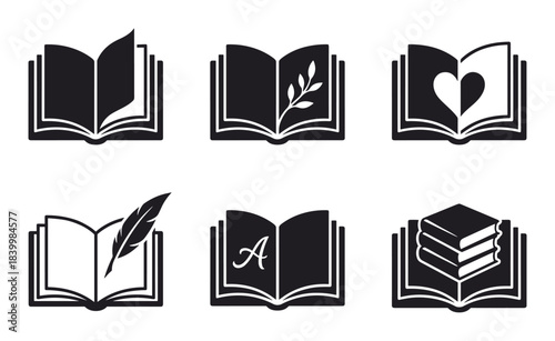 Open book icons. Literature symbols. Reading and education. Heart, feather, and plant elements.
