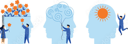 Positive mental health illustration set showing mind growth, creativity, emotional wellness, and happiness concepts in modern vector style