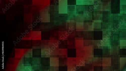 Abstract image displays green, red, and black pixelated squares. Suitable for technology, digital design, and social media concepts.