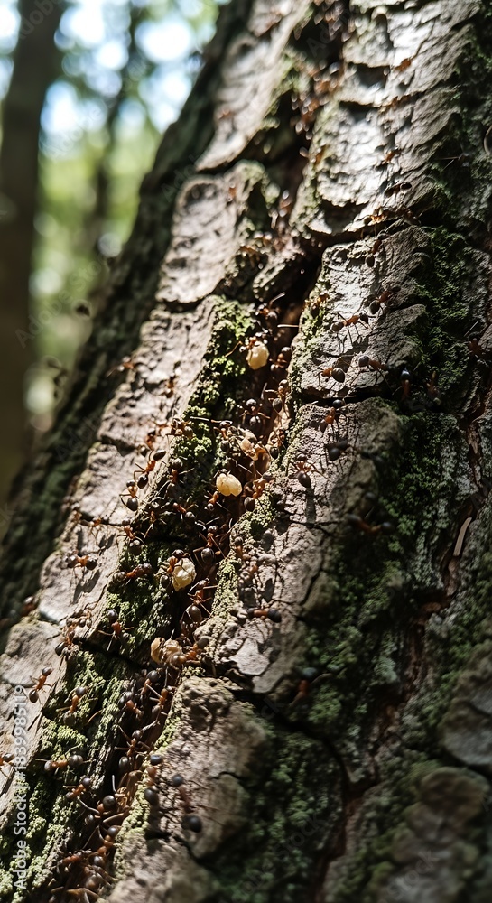 Obraz premium Numerous small insects transport pale objects up the rough bark of a sunlit tree trunk