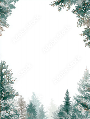Winter Forest Background with Snow-Covered Pine Branches and White Copy Space