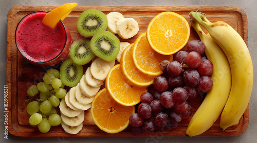 Fototapeta Naklejka Na Ścianę i Meble -  Colorful mixed fruit board with juice and sliced fruits