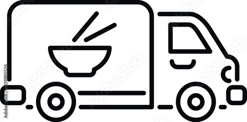 Line art icon featuring a delivery truck transporting a bowl of noodles with chopsticks