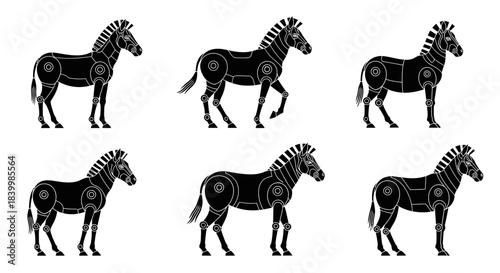 Six striking robotic zebra silhouettes showcase modern industrial design and abstract animal artistry for unique creative projects