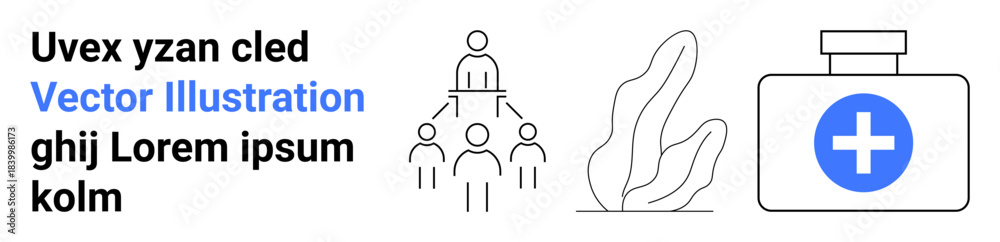 Fototapeta premium Team building, corporate structure, medical services, healthcare innovation, nature integration, professional networking. Abstract human hierarchy, medical cross icon and plant outline. Team
